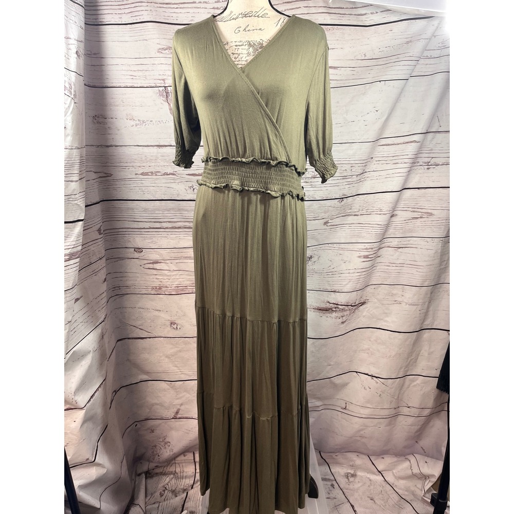 Serra Olive Green Smocked Waist Tiered Maxi Dress Women Medium V-Neck Boho